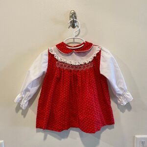 Vintage polly flinders hand smocked dress 24 months Christmas holiday red floral